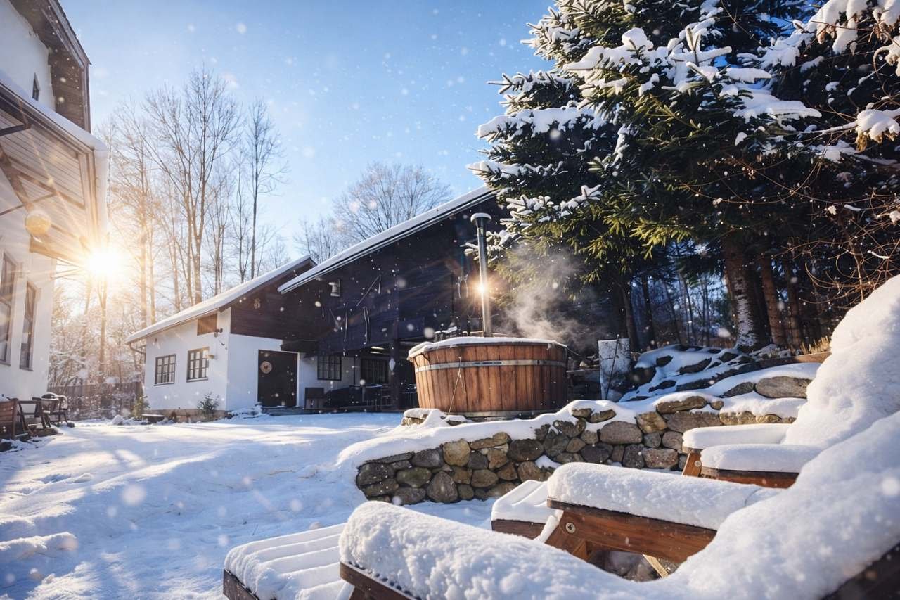 pohled na stodolu vpravo, vlevo chalupa