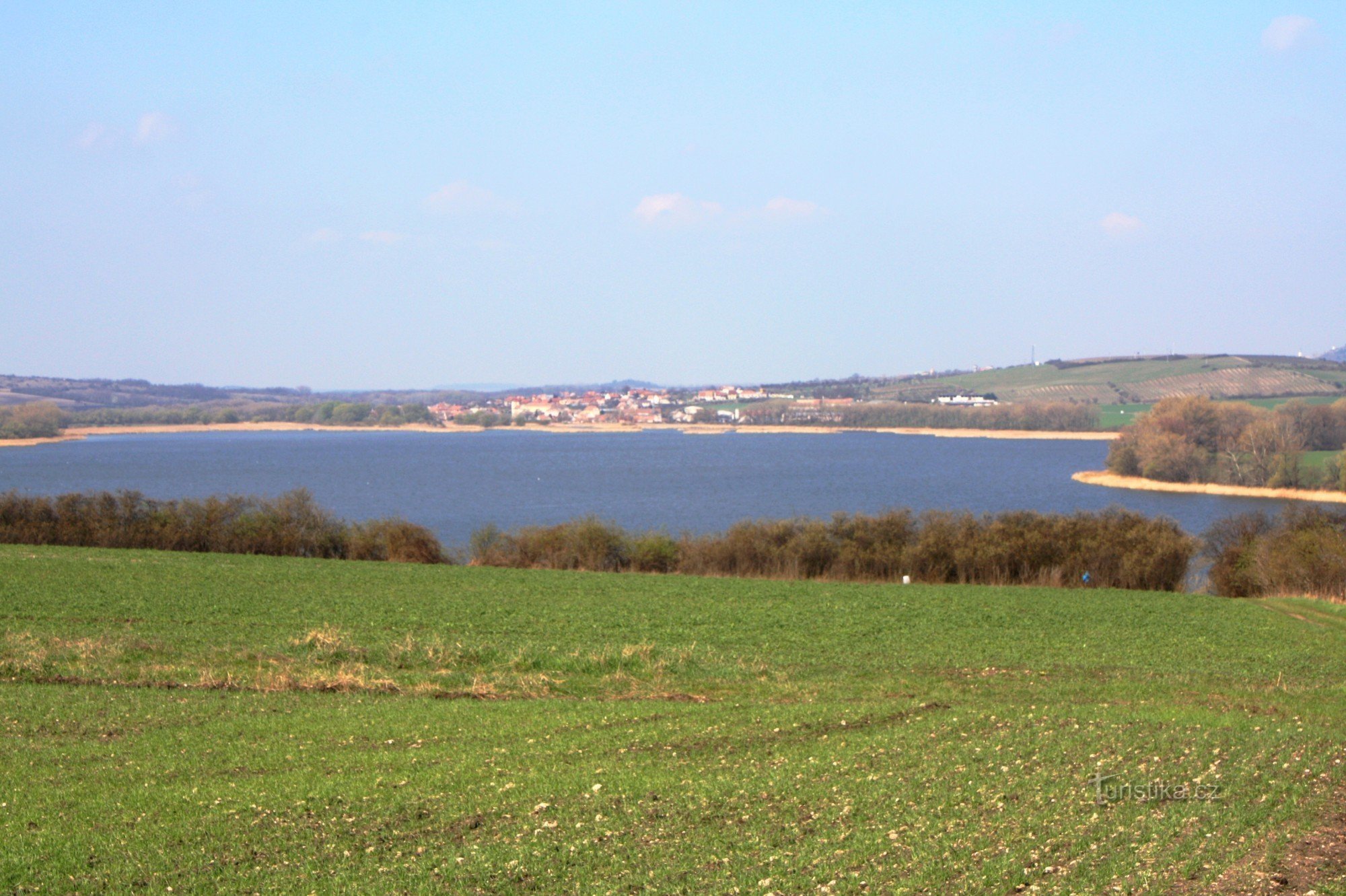Rybník Nesyt, v pozadí obec Sedlec