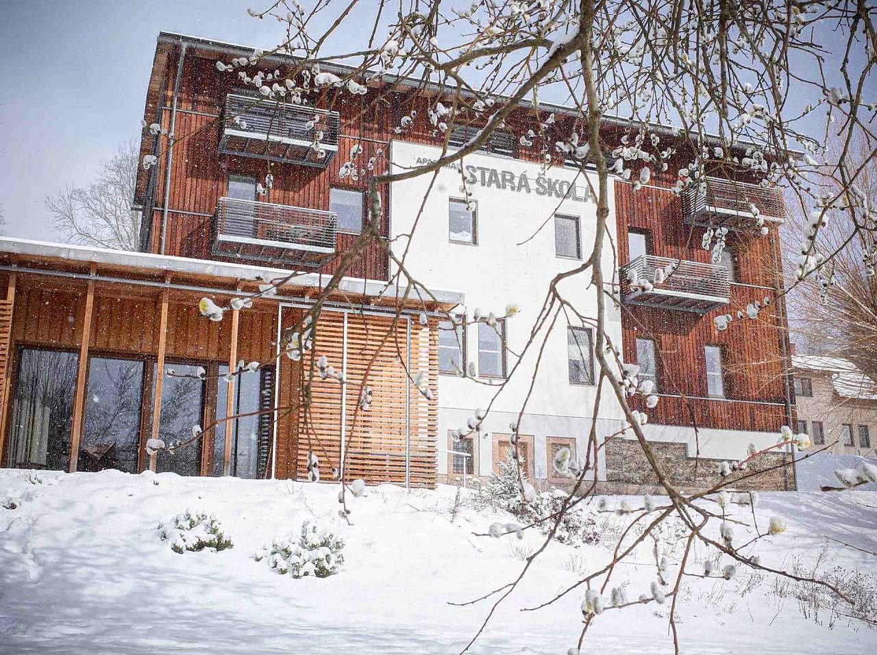 Stará škola - pohled ze zahrady - zima