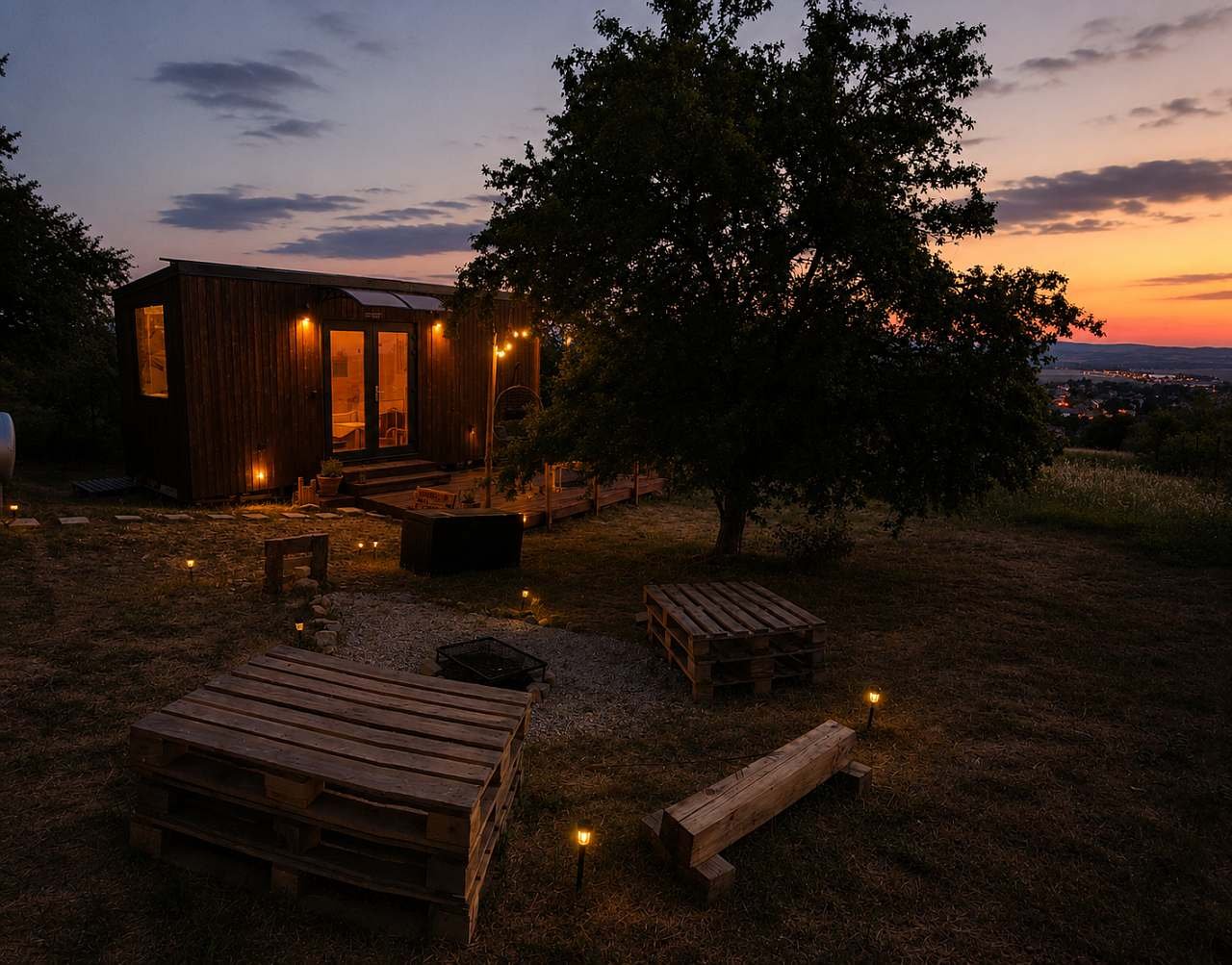 Večerní atmosféra Tiny House s ohništěm a výhledem na pohoří Bílé Karpaty.
