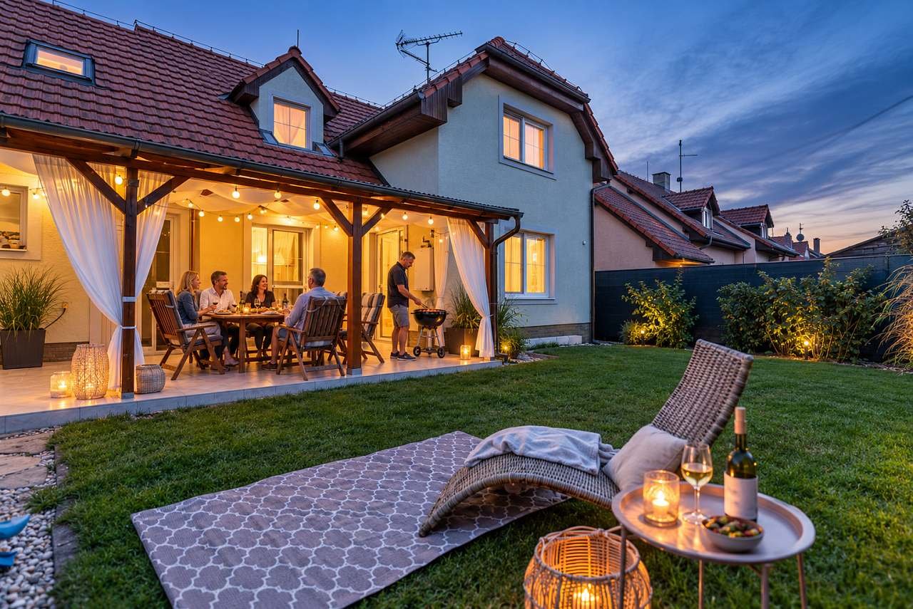 Večerní posezení na zastřešené terase, při skleničce vína / burčáku